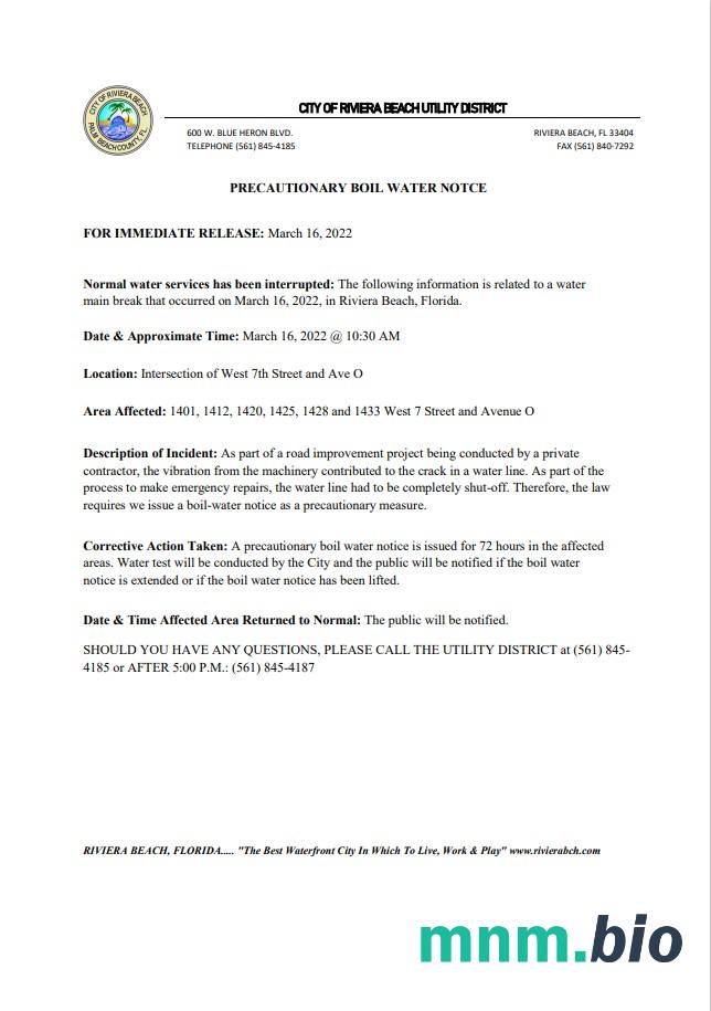 USA Florida City Of Riviera Beach  pożytek district woda  pożytek wyłączyć zawiadomienie, Word i PDF szablon